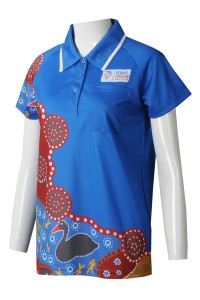 P1265 製造女裝短袖熱升華  自定義藍色底印花LOGO胸前袋口熱升華 藍白撞色反領 熱升華製衣廠  澳洲 非牟利 慈善 團體